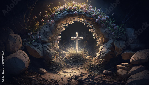 Resurrection - light in an empty tomb with a crucifix at dawn. Generative AI, photo
