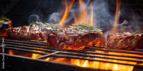 steak grilled over a flame seasoned with rosemary leaves. generative AI