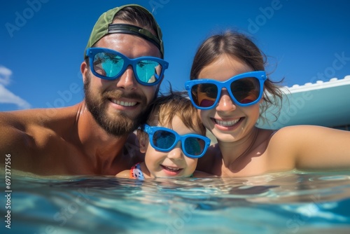 Mom with dad and children in the pool, wonderful summer time with family, active summer holiday © Henryzoom