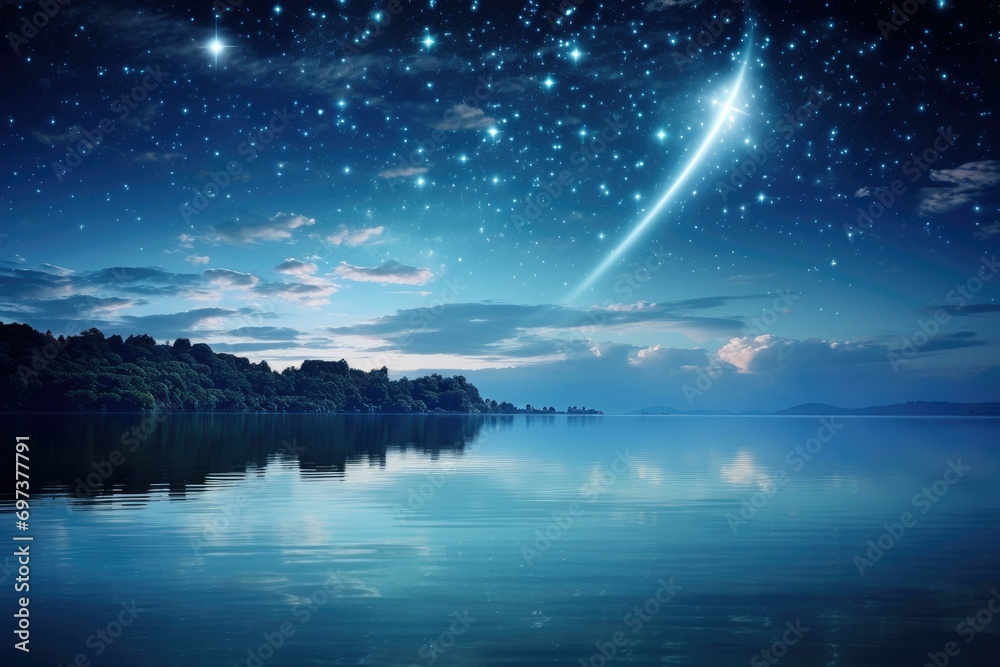 Starry Night Sky with Shooting Star over Tranquil Lake