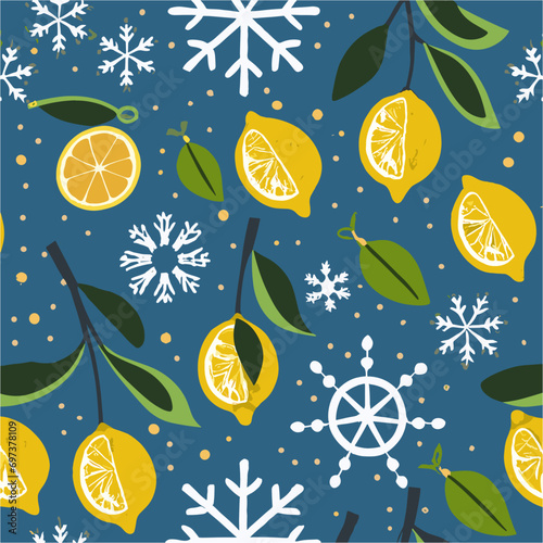 Vector christmas pattern 
with citrus fruits lemons and snowflakes
 on blue background. 2024 New Year fashion
ornament for fabric, paper, textiles, notepad,
 clothing, card, packaging.