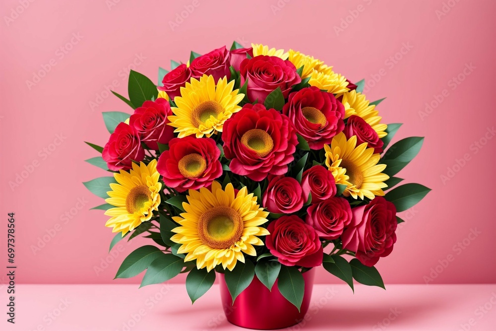 Beautiful bouquet of different flowers in vase on pink background Beautiful bouquet of different flowers in vase on pink background