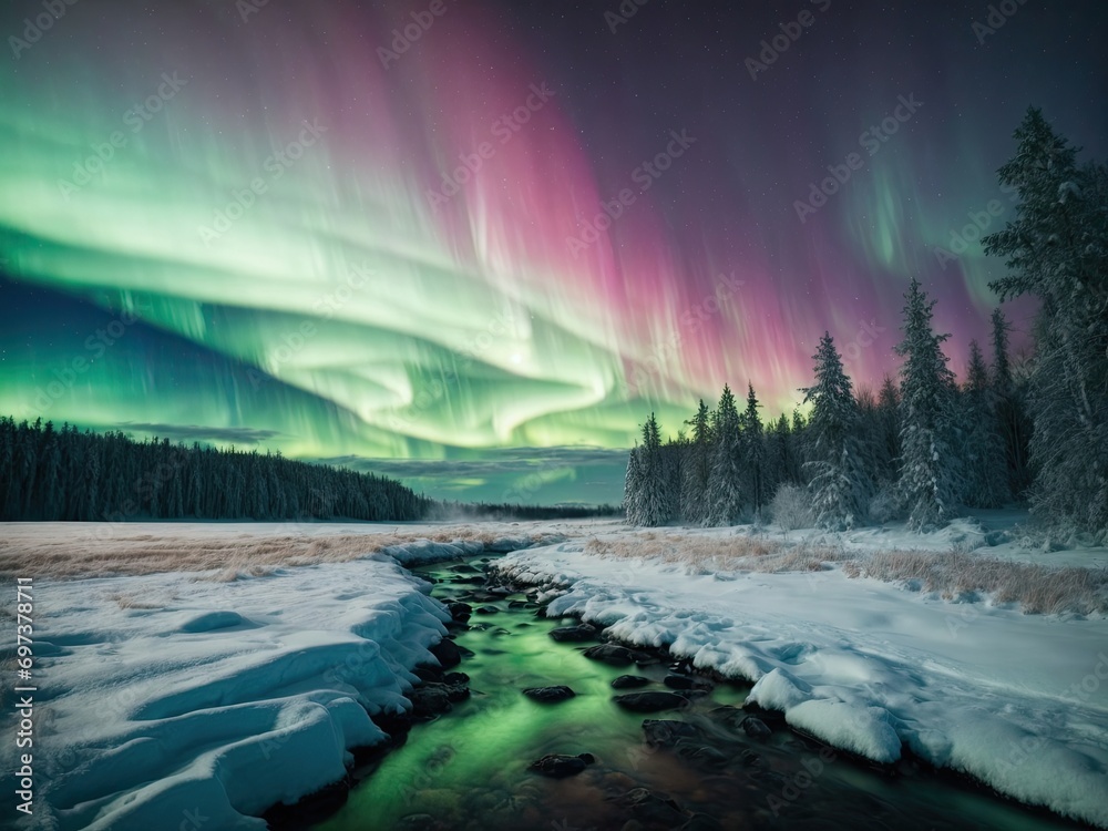 Landscape with forest at winter with northern lights, sunset in the mountains, Winter landscape featuring a forest with northern lights and a sunset over the mountains