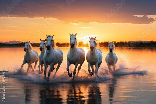 Herd of white horses running in water at sunset. Camargue, France