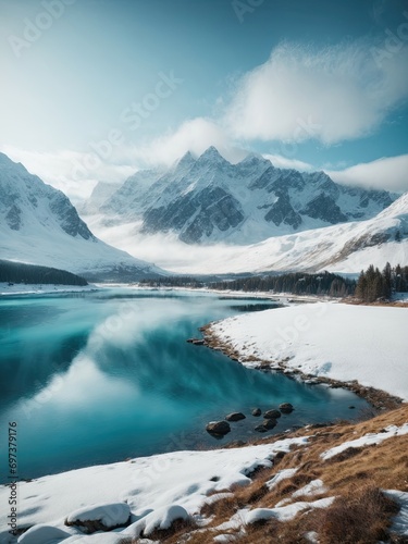 Fantastic winter landscape with snow-capped mountains and blue lake, lake and mountains, landscape with lake, A stunning winter landscape featuring snow-capped mountains and a serene blue lake © Younes