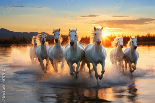 Herd of white horses running in water at sunset. Camargue, France