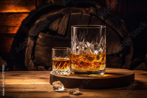 Whiskey on the rocks in a glass on a wooden barrel background