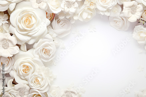 Beautiful white flowers on white wall background. Wedding or Valentine's day concept