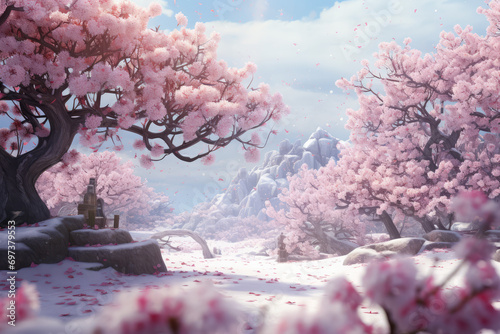 Cherry blossoms and Japanese temple in winter