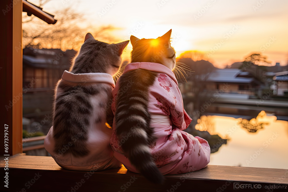Φωτογραφία Two kittens sitting on the roof of the house and looking at the sunset