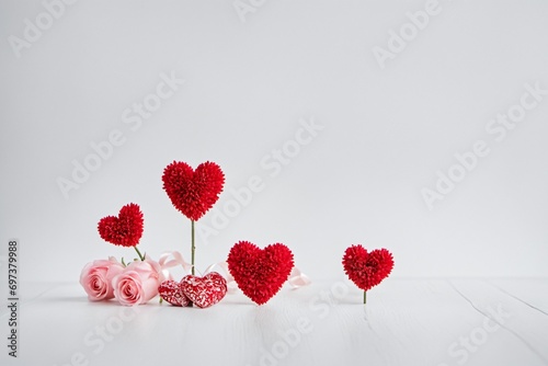 Valentine Day background. Red, pink paper hearts on white background, top view image. Romantic celebration card, flat lay decoration isolated on white. Greeting card concept.