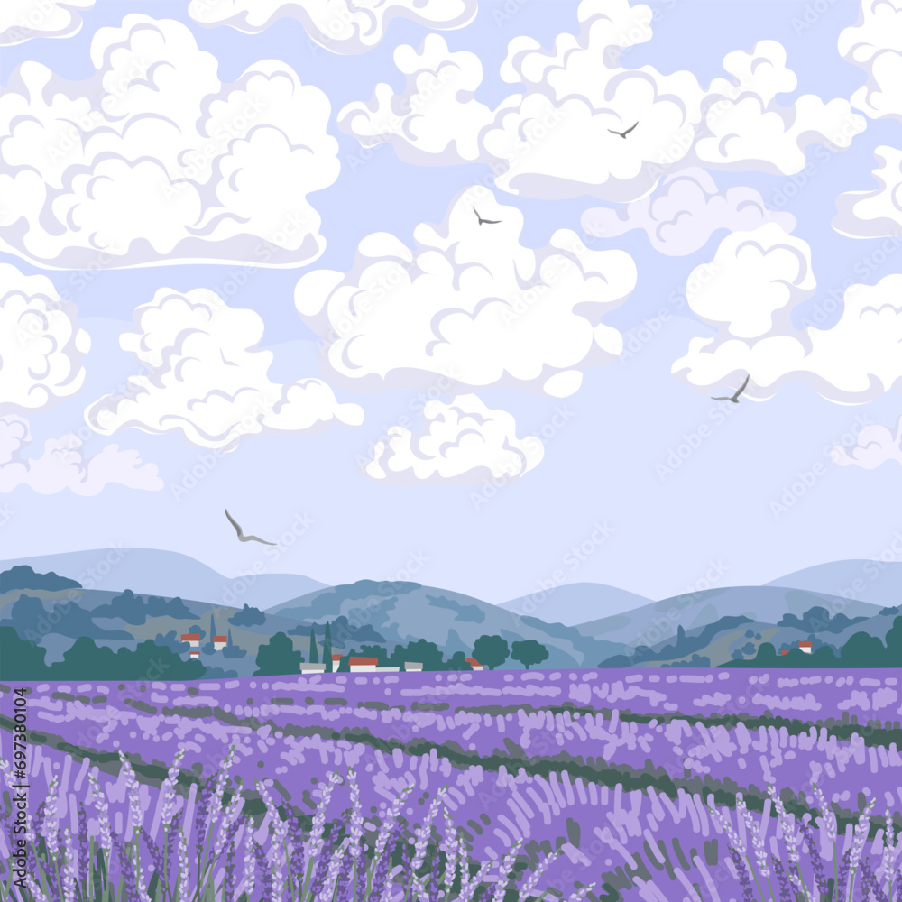 Landscape with  Mountains and   Lavender Field