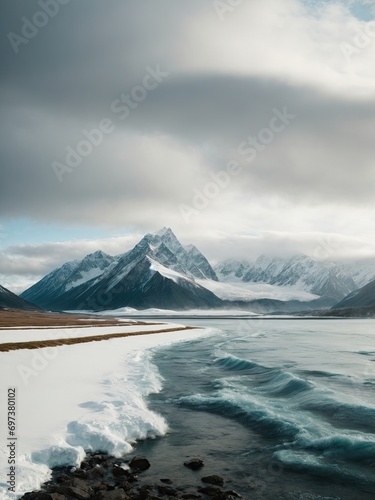Landscape with mountains  snow and ocean  lake and mountains in winter  lake and mountains in polar regions  Landscape featuring mountains  snow  ocean  and lakes in winter