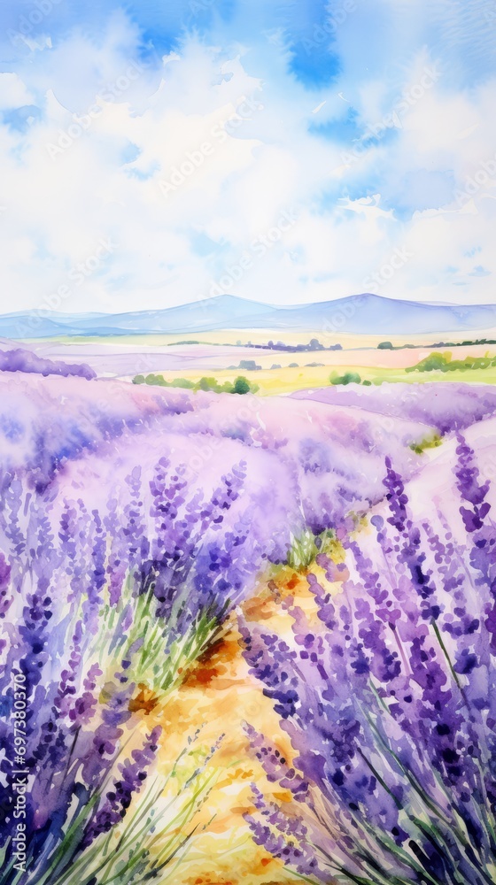 Blooming fields of purple lavender, watercolor illustration