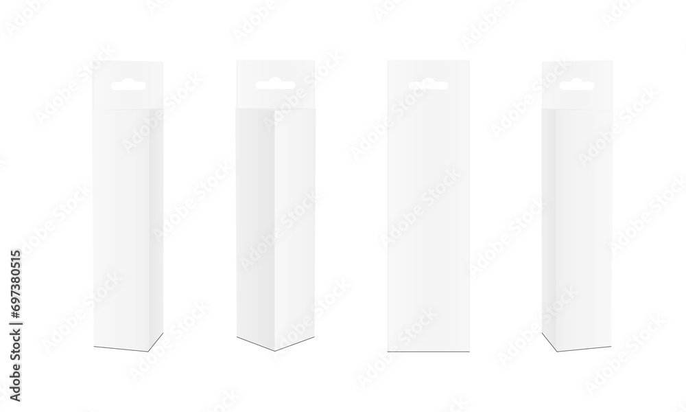 Polygonal Boxes With Hang Tab Mockup, Front, Side, Back View, Isolated On White Background. Vector Illustration Polygonal Boxes With Hang Tab Mockup, Front, Side, Back View, Isolated On White Background. Vector Illustration