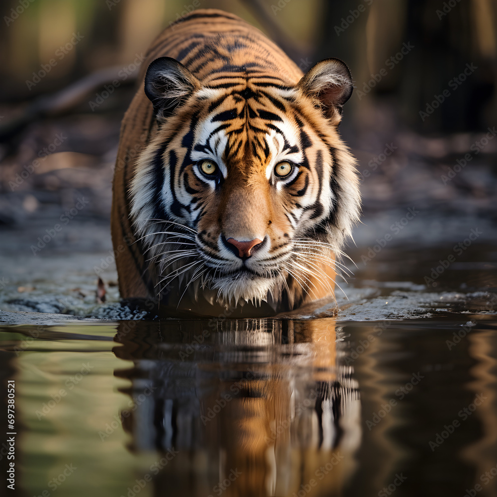Tiger in the River Water Looking 