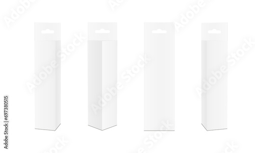 Polygonal Boxes With Hang Tab Mockup, Front, Side, Back View, Isolated On White Background. Vector Illustration