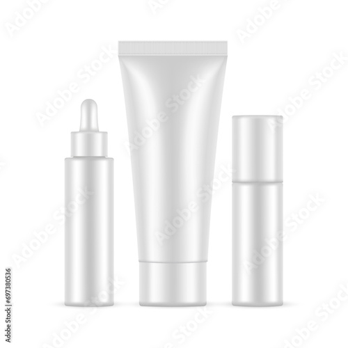 Blank Plastic Packaging, Tube, Dropper, Cosmetic Bottle, Isolated On White Background. Vector Illustration