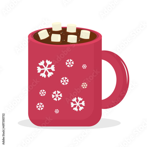 Cute Red Mug With Hot Cocoa Or Chocolate And  Marshmallows, Isolated On White Background. Flat Vector Illustration