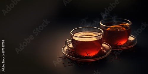 cup of warm tea on black background. generative AI