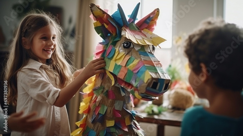 Children have fun with a peignata in the shape of a horse