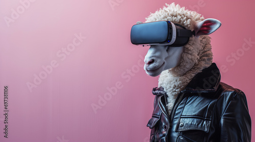 Weird white sheep in leather jacket and a virtual reality headset on its head. Minimal concept of sheeple, being compliant, docile or easily led and influenced. Pastel pink background with copy space photo