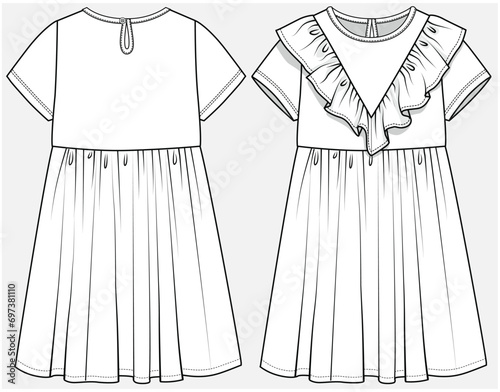 FRILL CHEVRON DRESS DESIGNED FOR TEEN AND KID GIRLS IN VECTOR ILLUSTRATION FILE