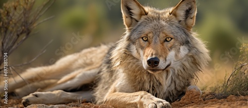 Winter fur adorned Iberian wolf. Canis lupus signatus. Iberian Wolf Center. Located in Zamora, Spain. photo