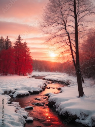 Abstract winter wonderland landscape with ruby red sunset. Snowy woods and river at dawn. Snowflakes and sun, sunrise over the river, sunset in the mountains