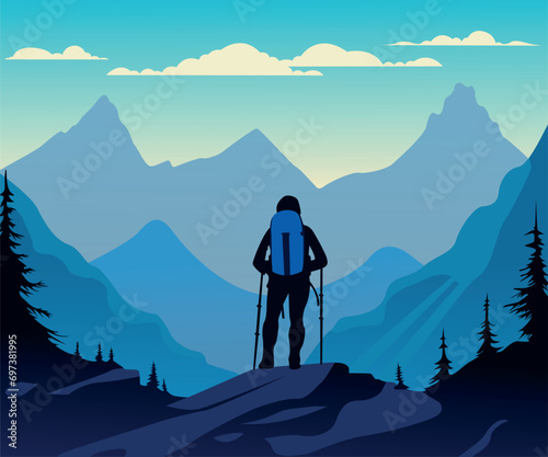 Hiking in the mountain vector landscape design
