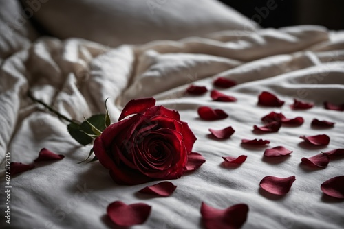 Beautiful red roses and petals on bed