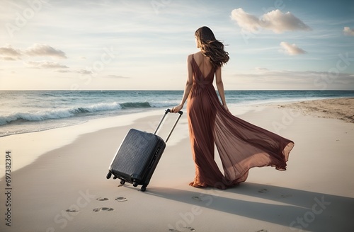 a woman pulling a travel suitcase on the beach