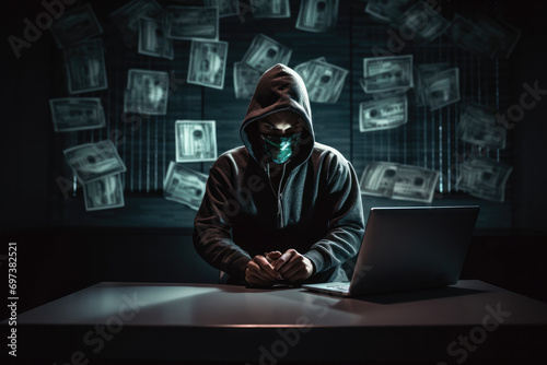 Anonymous hacker with a glowing digital mask conducts cybercrime on a laptop with floating dollars symbolizing illicit money transfer. photo
