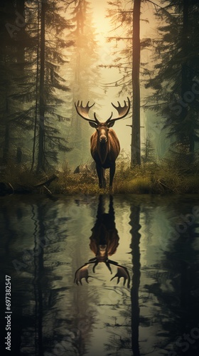 Elk with big horns close-up in a twilight forest in the fog near a lake or river, reflection of the elk in the water © serz72
