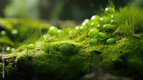  a close up of a mossy surface with small drops of water on the top of the mossy surface.