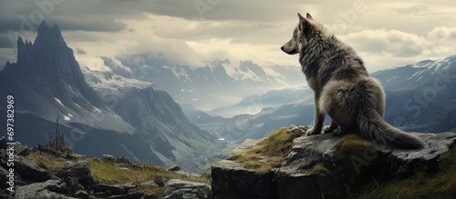 A lone wolf gazes at a photo on a hillock.