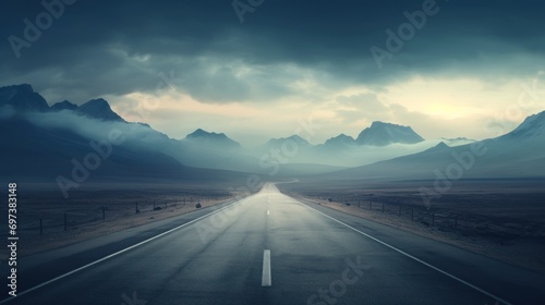  a long road with mountains in the background and a cloudy sky in the middle of the road in the foreground. © Olga