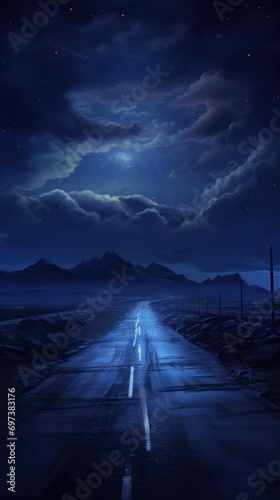  a person standing on a road in the middle of the night with a full moon in the sky behind them.