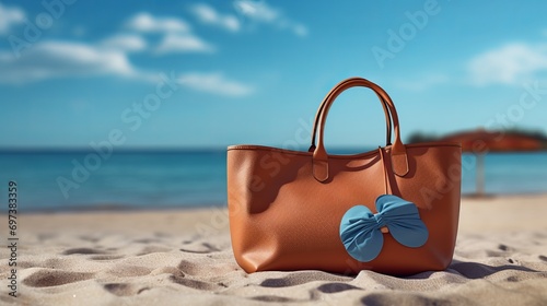 A bag containing beach accessories being stored on the sand
