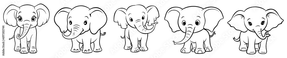 Fototapeta premium Cute elephant, simple thick lines kids and preschool children cartoon coloring book pages. Clean drawing illustration. Generative AI