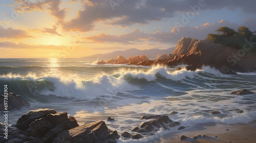 A painting depicting a rocky shore that features rocks, the sea, and the sun shining on the water.