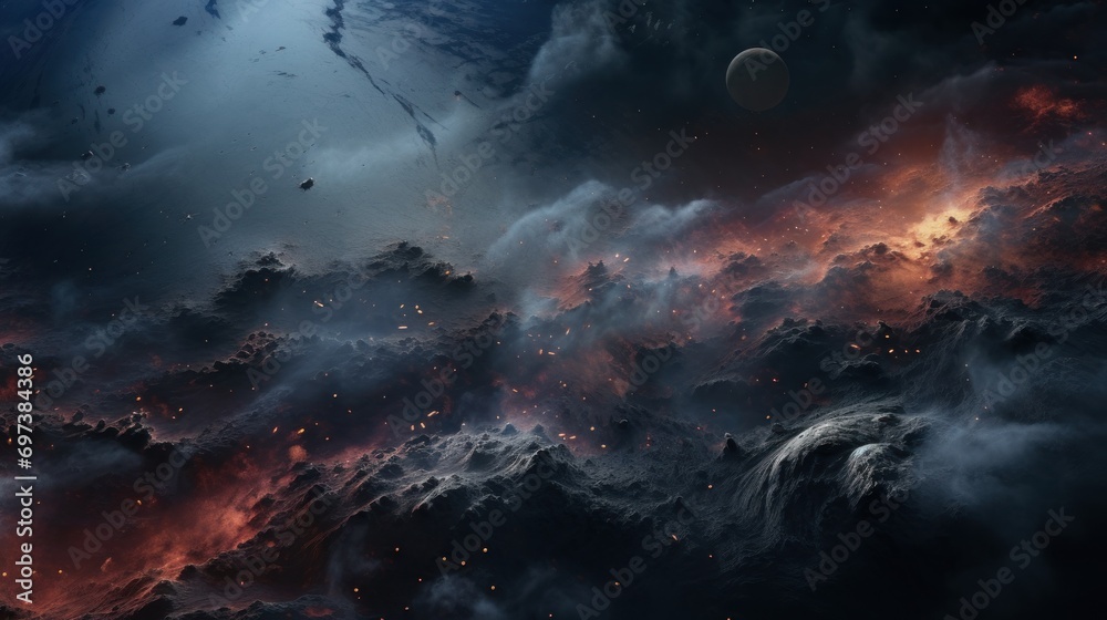  an image of a space scene with a planet in the middle of the sky and a lot of clouds in the foreground.