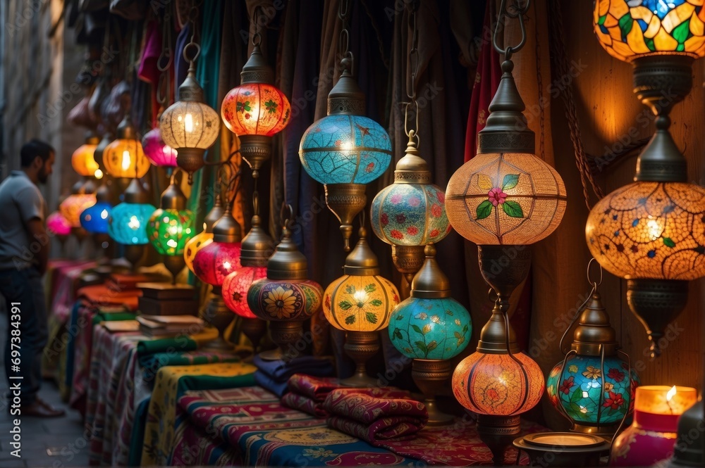 Colorful Turkish lanterns hanging from the ceiling in a market. The lanterns are predominantly blue, orange and gold, and are made of metal with intricate patterns.