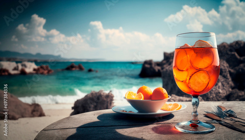 Chilled aperol cocktail on the table on the beach. Generative AI,