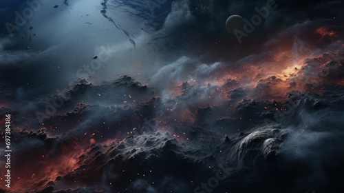  an image of a space scene with a planet in the middle of the sky and a lot of clouds in the foreground.