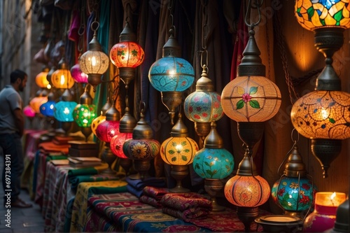 Colorful Turkish lanterns hanging from the ceiling in a market. The lanterns are predominantly blue  orange and gold  and are made of metal with intricate patterns.