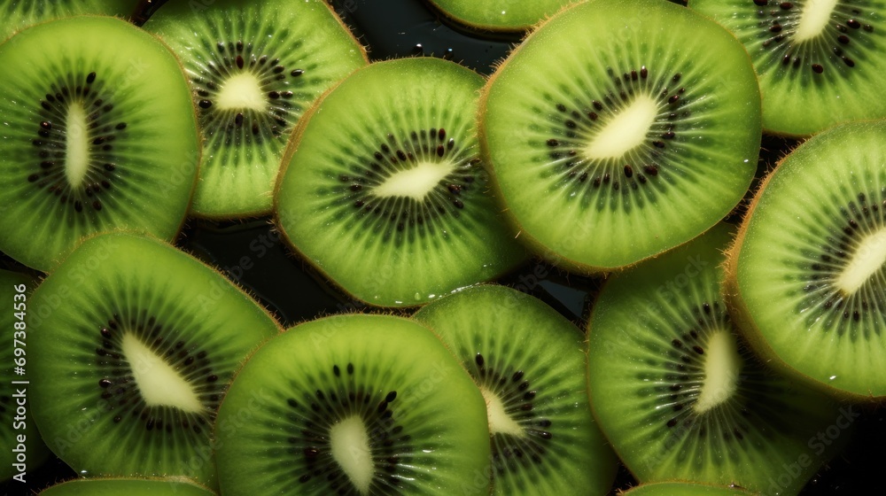 a pile of sliced kiwis sitting on top of a black counter top next to a pile of other kiwis. a pile of sliced kiwis sitting on top of a black counter top next to a pile of other kiwis.