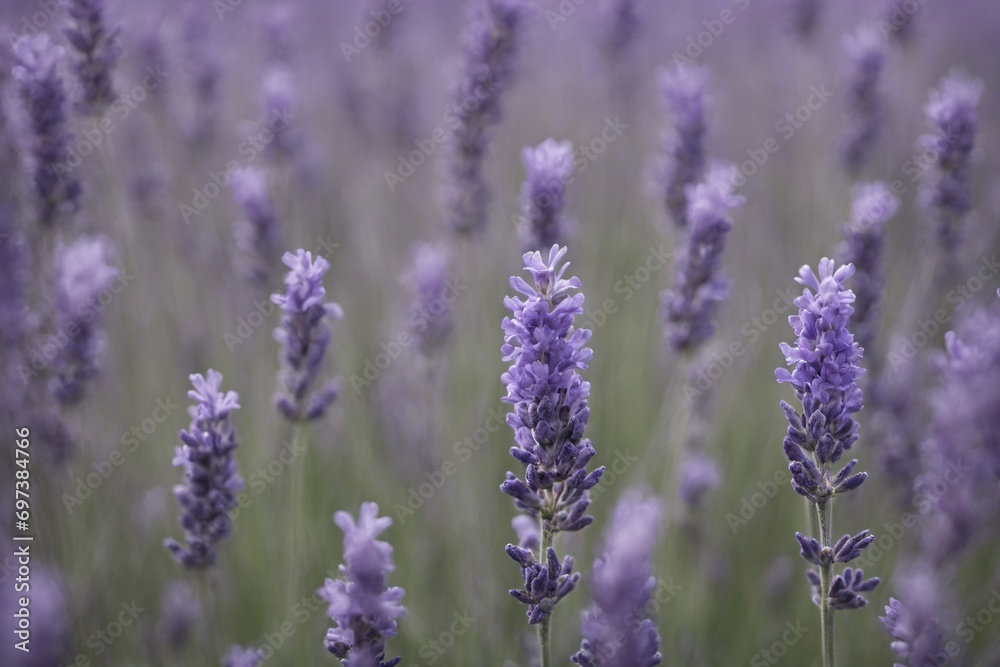 Obraz premium Violet lavender field. Lavanda purple flowers beautiful sunshine blooming in a garden, Latvia