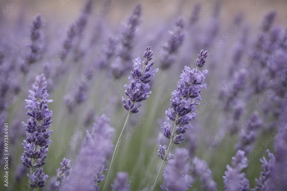 Obraz premium Violet lavender field. Lavanda purple flowers beautiful sunshine blooming in a garden, Latvia