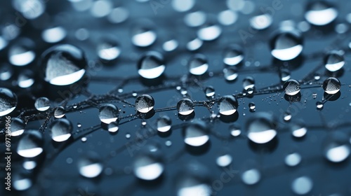  a bunch of drops of water sitting on top of a blue sheet of paper on top of a wooden table.